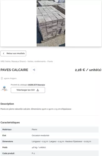 Exemple d'une fiche produit d'un matériau de réemploi. Comprenant les informations nécessaires à la traçabilité du matériau.